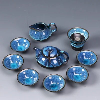 10 Pcs Sets Новое поступление, полный набор керамических масляных капель, голубой Янтарный глазурь, чайный набор кунг-фу, Jun Kiln, знаменитый японский чайный чайник Jianzhan, Набор чашек - Цвет: 10 Pcs Sets