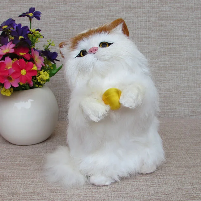

20x15 cm simulation stand-up cat model,plastic& fur white cat hug small ball handicraft, home decoration toy Xmas gift w5847