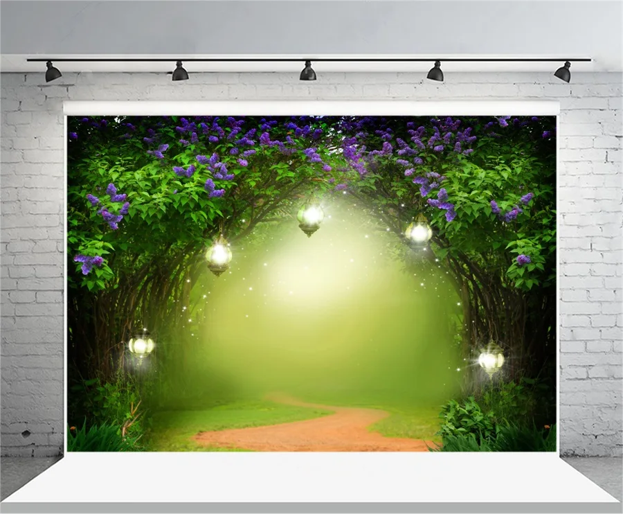 Виниловые фотофоны Laeacco Dreamy с цветами деревьями арками дымчатыми дорожками для