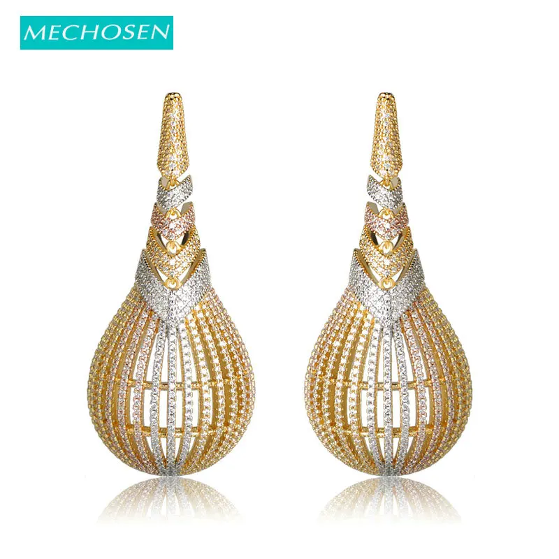 MECHOSEN Luxury Large Copper Drop Earrings For Women 3 Tones Plated Cubic Zirconia Earring Pendientes Mujer Moda Wedding Jewelry | Украшения