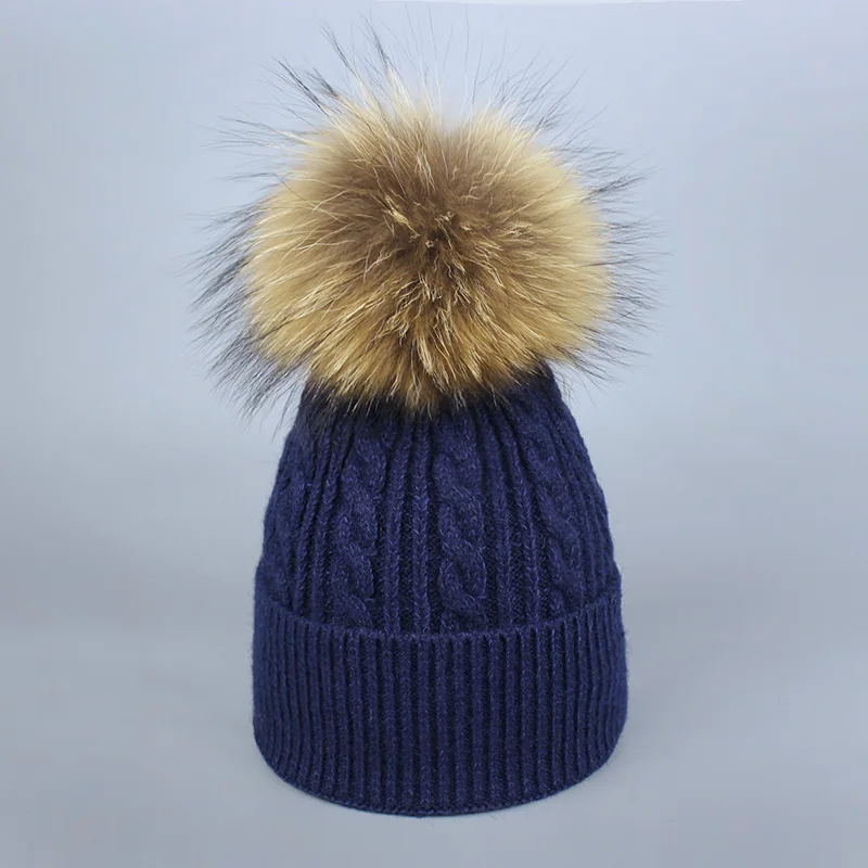 Зимняя меховая шапка с помпоном Skullies для женщин, кашемировая шерстяная хлопковая шапка, большая шапка с натуральным енотом, шапка с меховым помпоном, шапка с помпоном из лисьего меха - Цвет: Navy