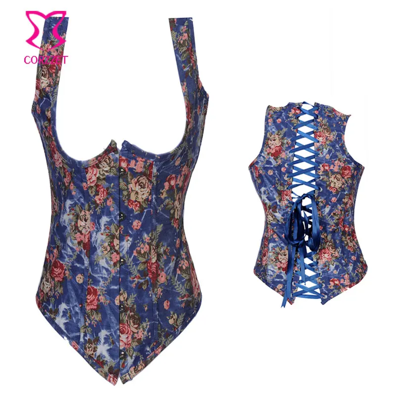 Синий цветочный джинсовый сексуальный утягивающий корсет с бретелькой через шею
