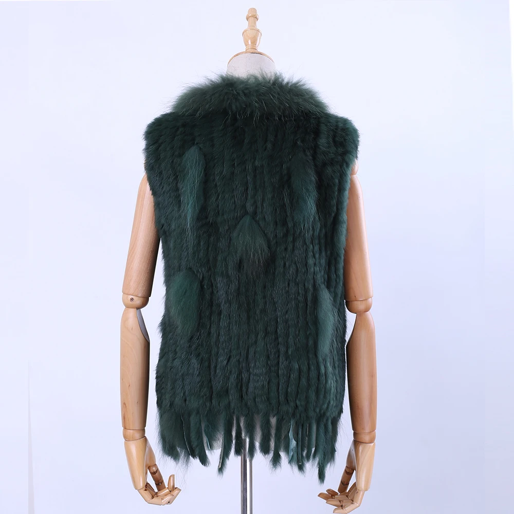 2022 New Women's Lady Genuine Real Knitted Rabbit Fur Vests tassels Raccoon Fur Trimming Collar Waistcoat Fur Sleeveless Gilet