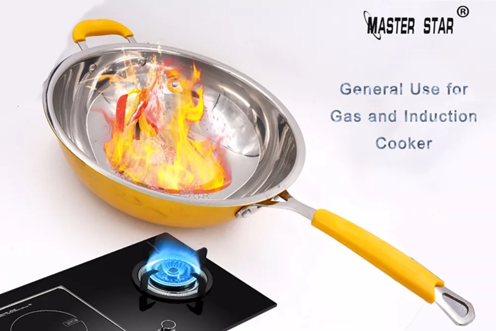 Wok из нержавеющей стали Master Star Luxury Yellow Woks 304 с крышкой и антипригарным покрытием