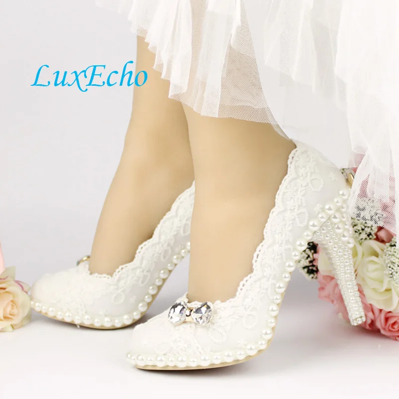 Womens white lace pearl wedding shoes woman bridal party dress shoes platform shoe high heels Pumps zapatos mujer