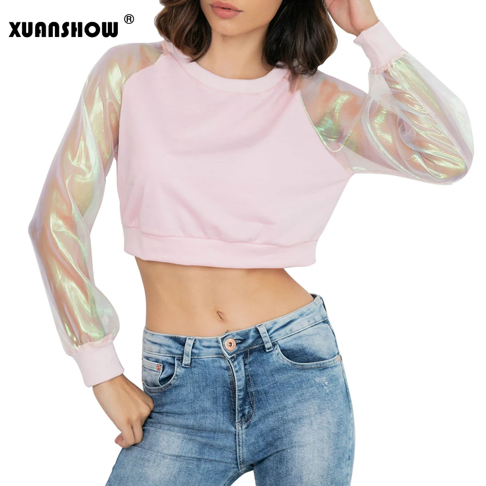 XUANSHOW Новое поступление модные толстовки для женщин Лоскутная Сетка прозрачный рукав кроп Топ пуловеры толстовка Bluzy Damskie