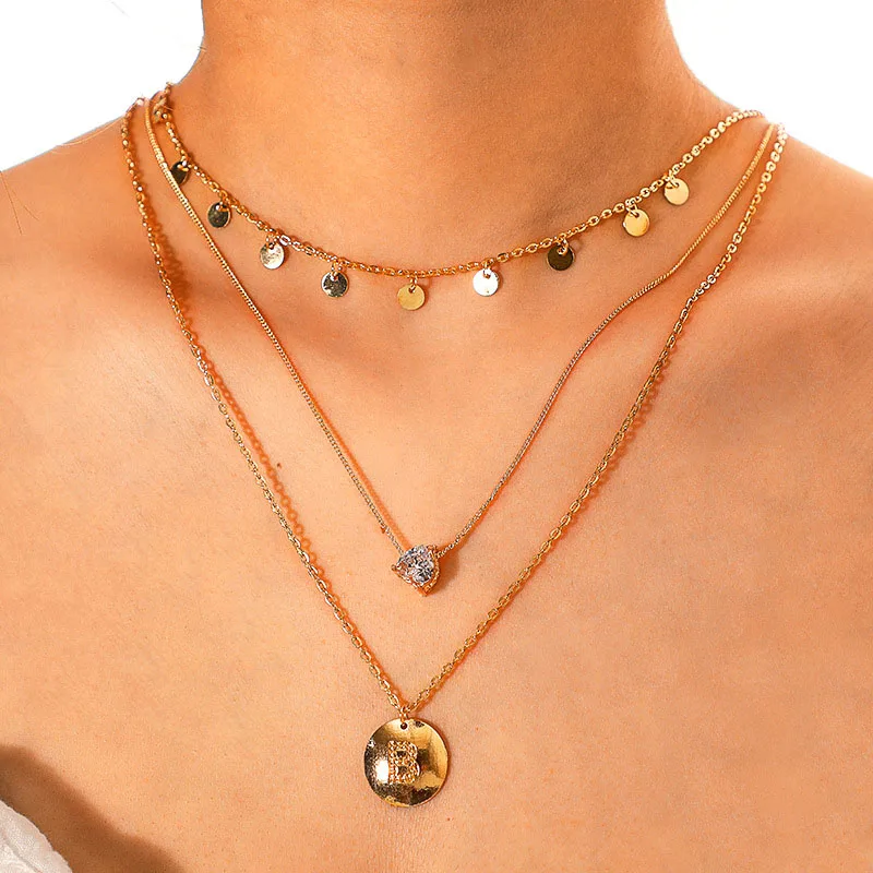 European Trendy Multilayer World Map Star Moon Pendant Necklaces Women Vintage Ox Horn Crescent Clavicle Necklace Jewelry YN817 | Украшения