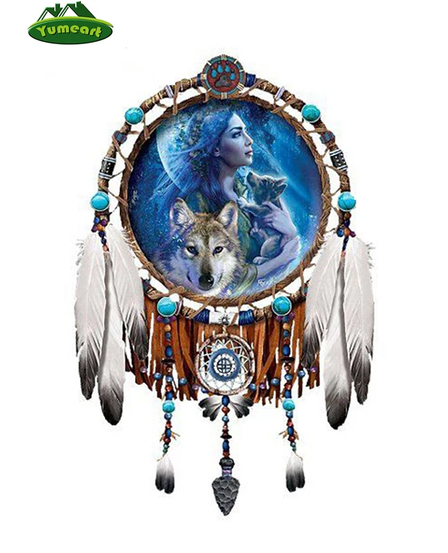 Ловец снов Алмазная Вышивка перо женщина и волк мозаичный узор 5d Сделай Сам