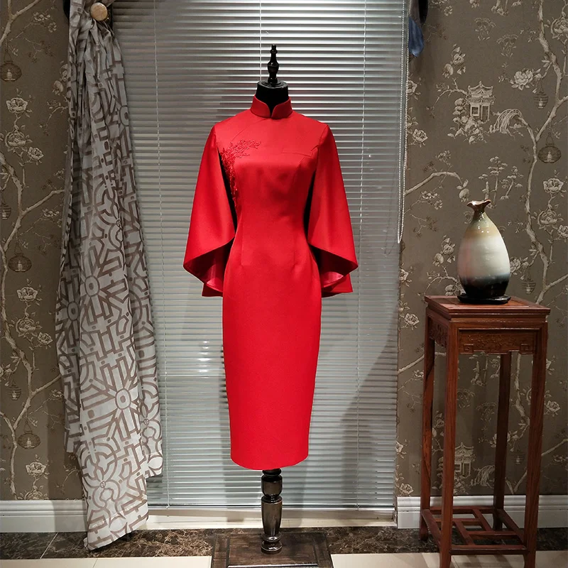 2018 китайские дизайнеры Lucury красные платья с высокой вышивкой воротник стойка