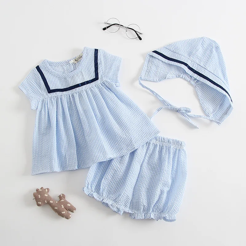 Blue 3PCS Новинка г. одежда для маленьких девочек модные нагрудные Детский комбинезон с коротким рукавом лето звезды печати Одежда младенцев маленьких комбинезоны - Цвет: Blue 3PCS