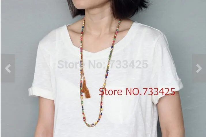 Candy Stone Tassel Long pendant Necklace women handmade woven with cotton cord coloured turquoies and slide closure | Украшения и