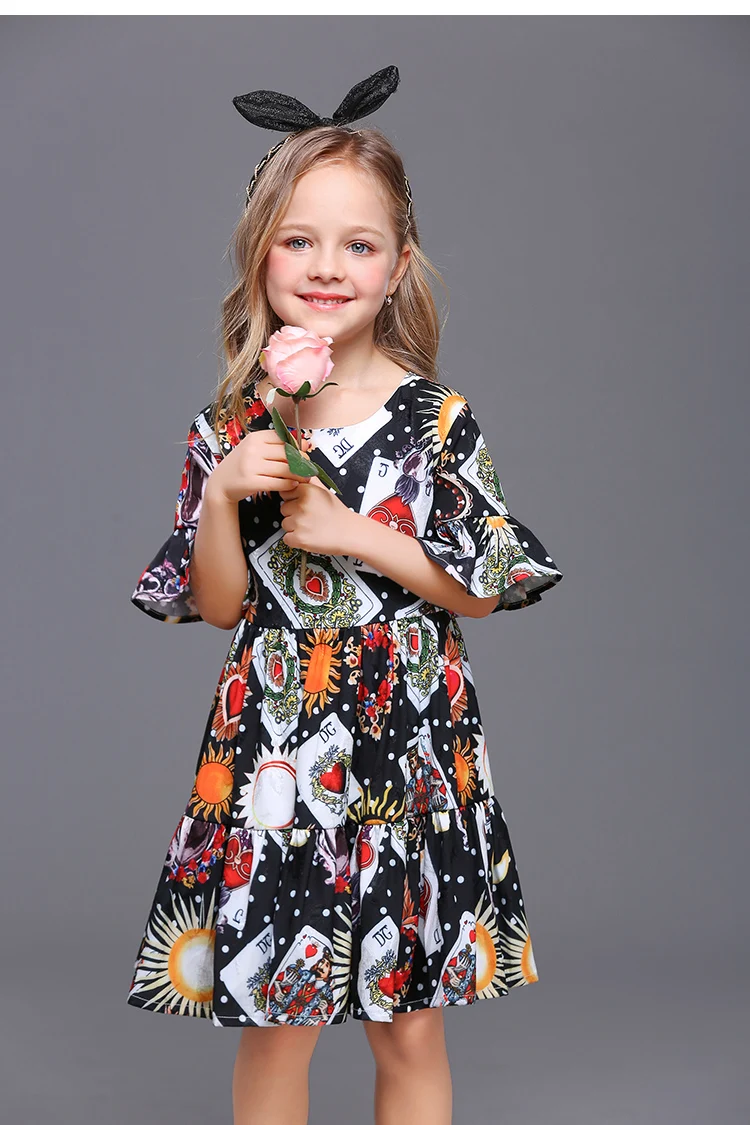 

Summer kids children party family matching clothes mother and daughter playing card trumpet sleeves chiffon dress girls clothing