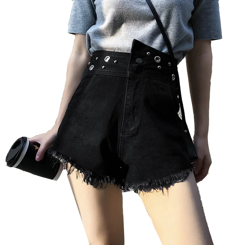 

Шорты женские джинсовые с завышенной талией, модные пикантные Свободные повседневные трапециевидные с бахромой и широкими штанинами, лето ...