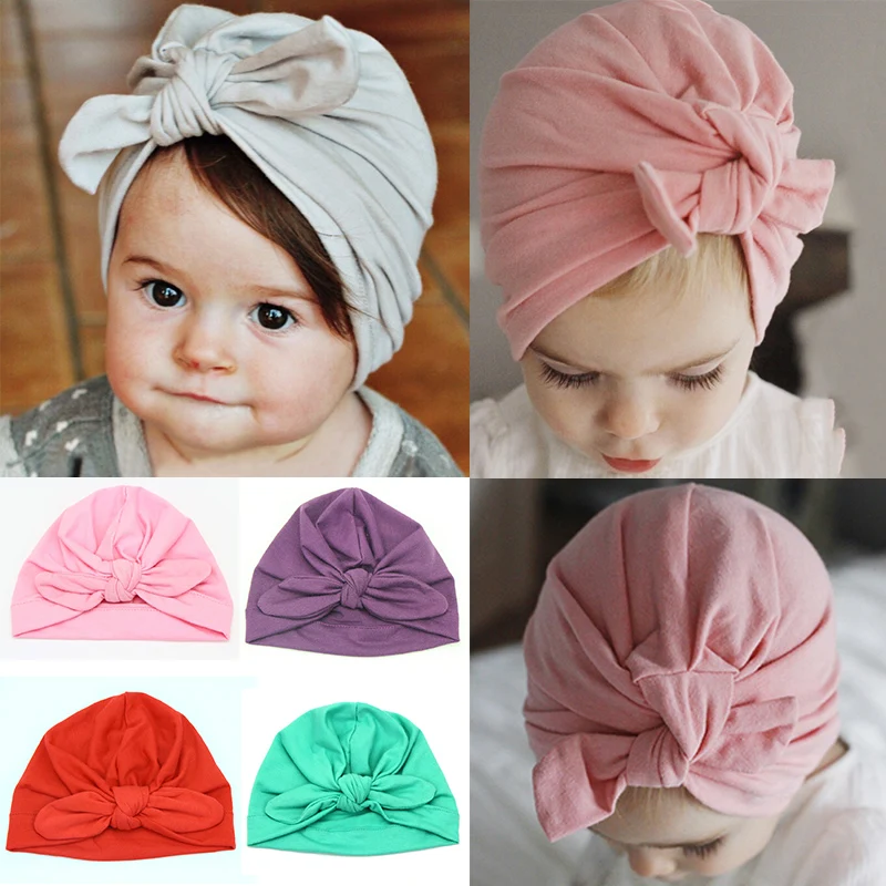 1pc Newborn Baby Boys Girls Turban Bowknot Hats Toddler Kids Soft Cotton Bunny Beanie Hat Cap Pink Gray Red Children Photo Props | Детская