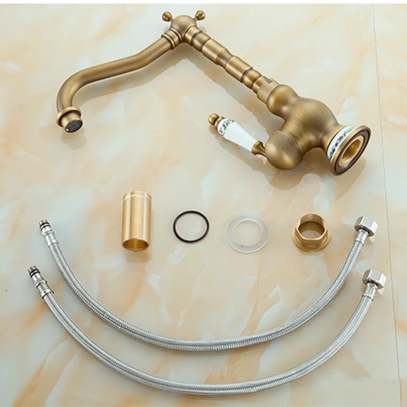 

Free shipping Antique Brass 360 Degree Swivel Brass Faucet Bathroom Basin Sink Mixer Tall Bath&kitchen faucet torneiras vintage