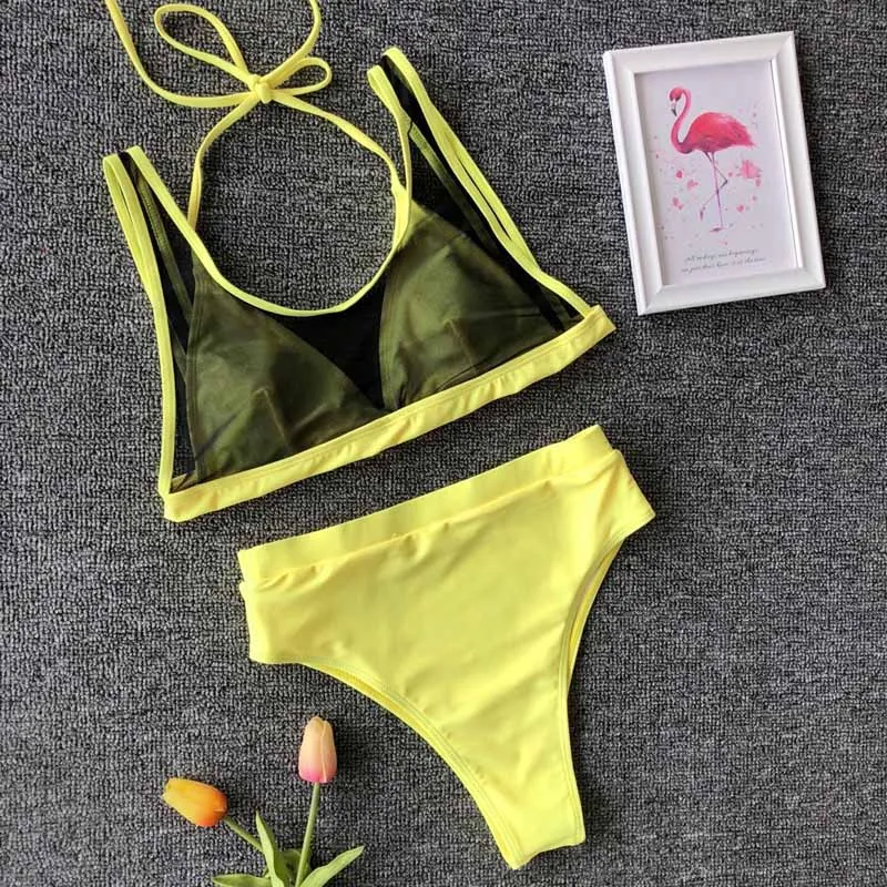 Sexy Translucent Mesh Bikini 2019 High Waist triangle Swimwear Women Solid Lace Strappy Swimsuit Femel Bathing Suit B5074 |