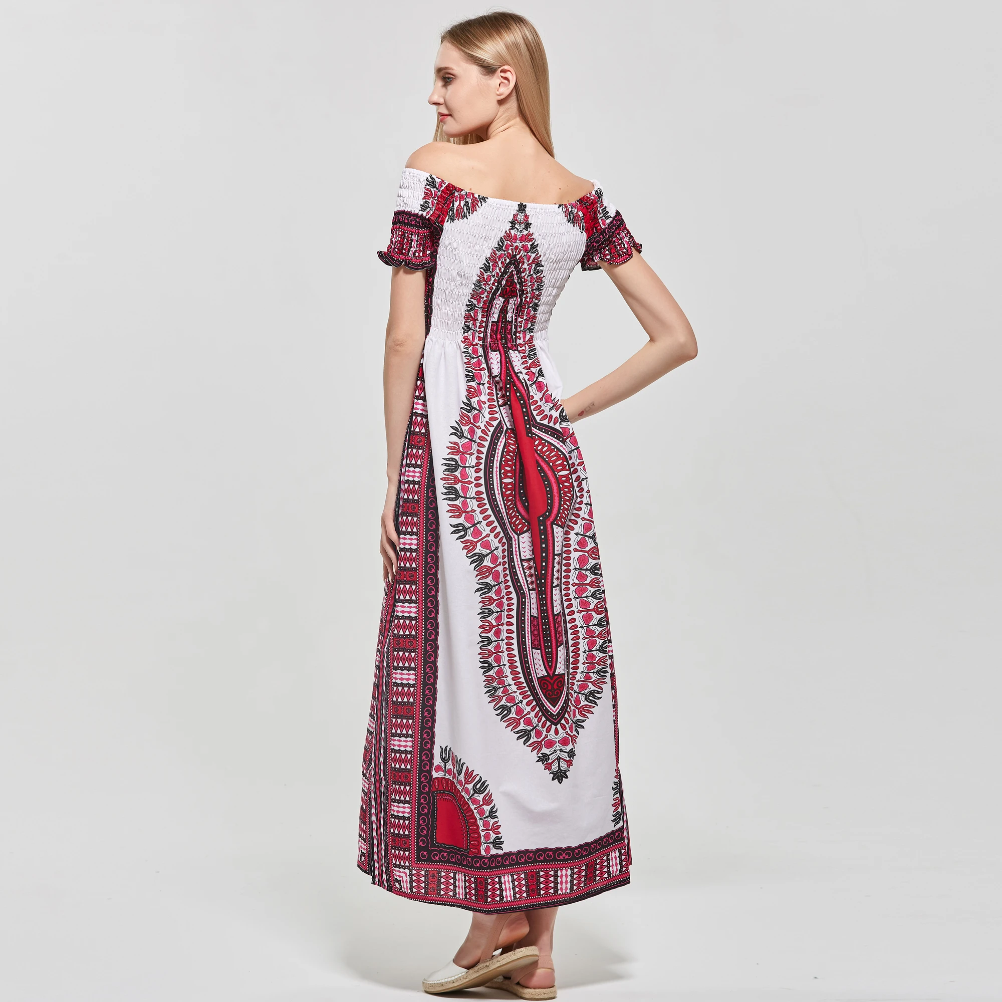 Dashikiage женщин хлопок традиционный Африканский узор Дашики вечерние плюс Размеры белый Розовое платье