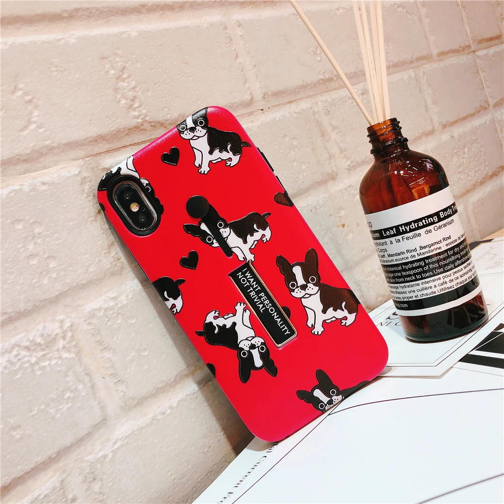Funny French Bulldog Puppy Cartoon Soft Phone Case For iphone XS MAX XR Red Hide Stand Holder case 6s 6 Xs 7 8 Plus X |