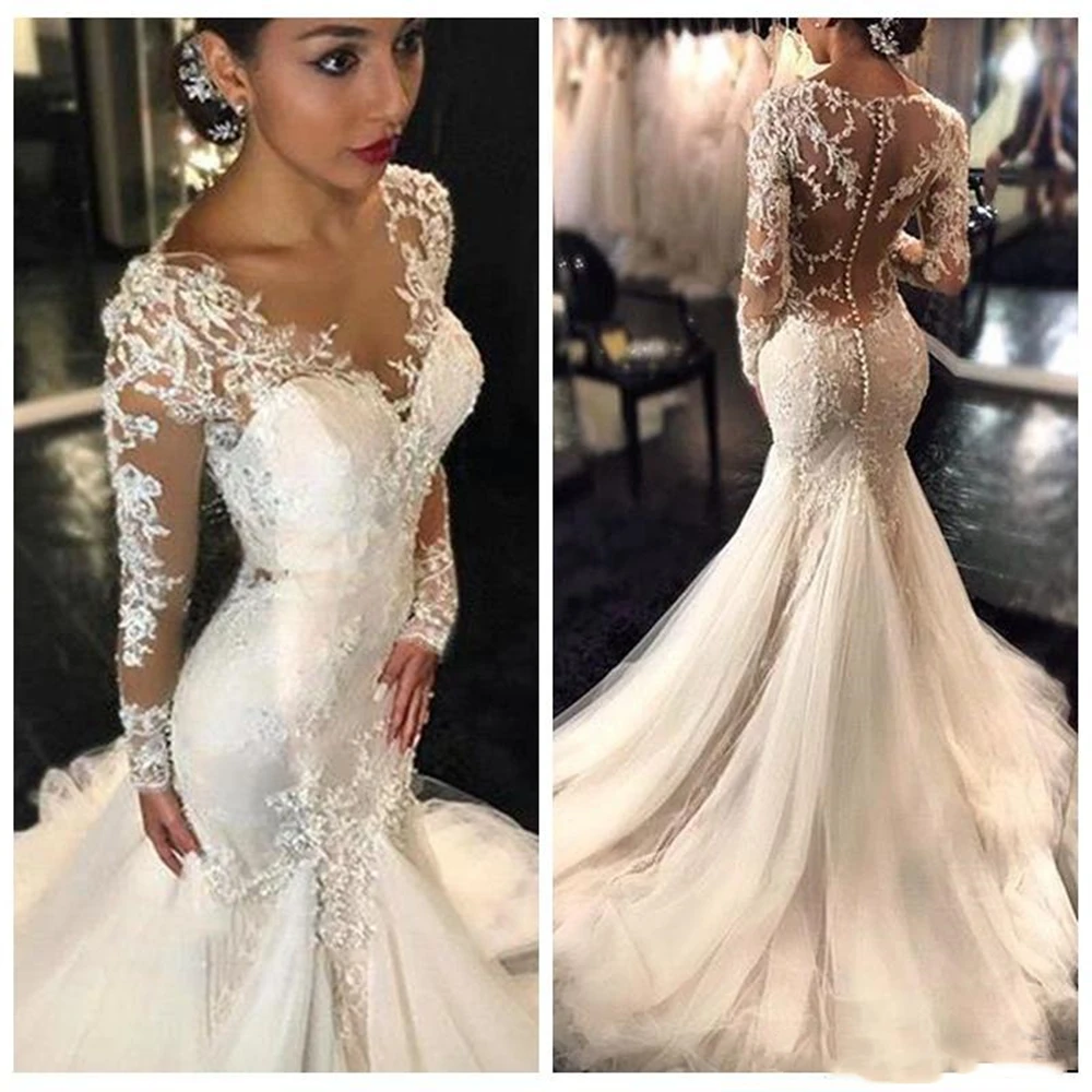 

New 2021 Gorgeous Lace Mermaid Wedding Dresses Dubai African Arabic Style Petite Long Sleeves Natural Slin Fishtail Bridal Gowns