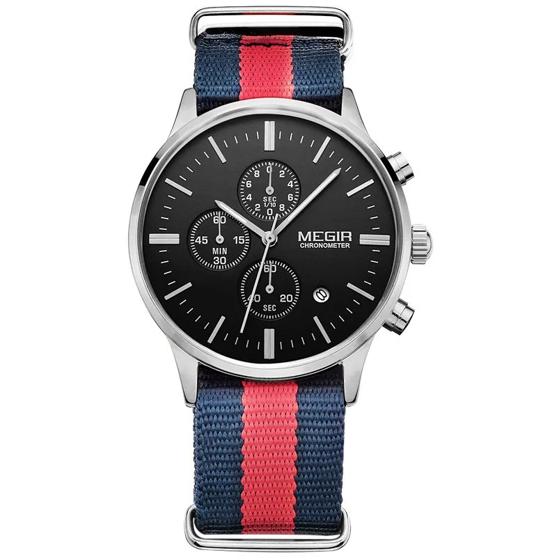fabric red silver Megir relojes hombre роскошные Брендовые мужские наручные часы модные повседневные часы с кожаным ремешком Хронограф Спортивные часы золотые антикварные мужские часы - Цвет: fabric red silver