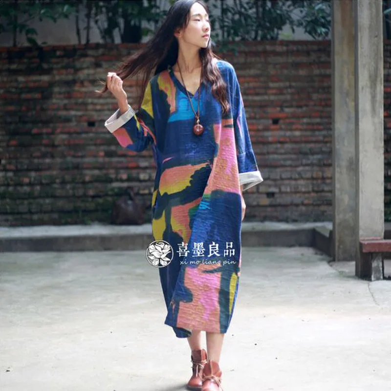 Женское длинное платье из хлопка и льна Свободное с длинным рукавом V-образным