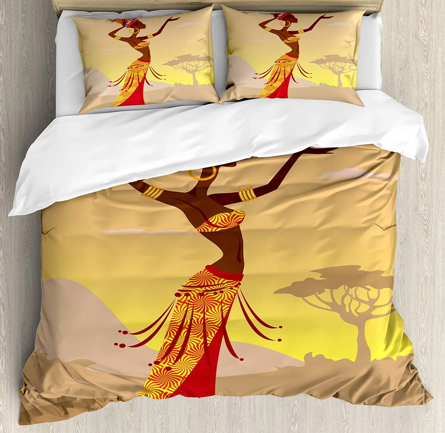 Afro Decor Duvet Cover Set African Woman Desert Gulls Flying Around Folk Female Stylish Artful Print Bedding Queen/Full Size | Дом и сад