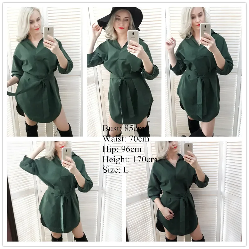 Sheinside, зеленое платье-рубашка, женское платье с отложным воротником, рукав 3/4, с поясом, асимметричное короткое платье, летнее офисное платье