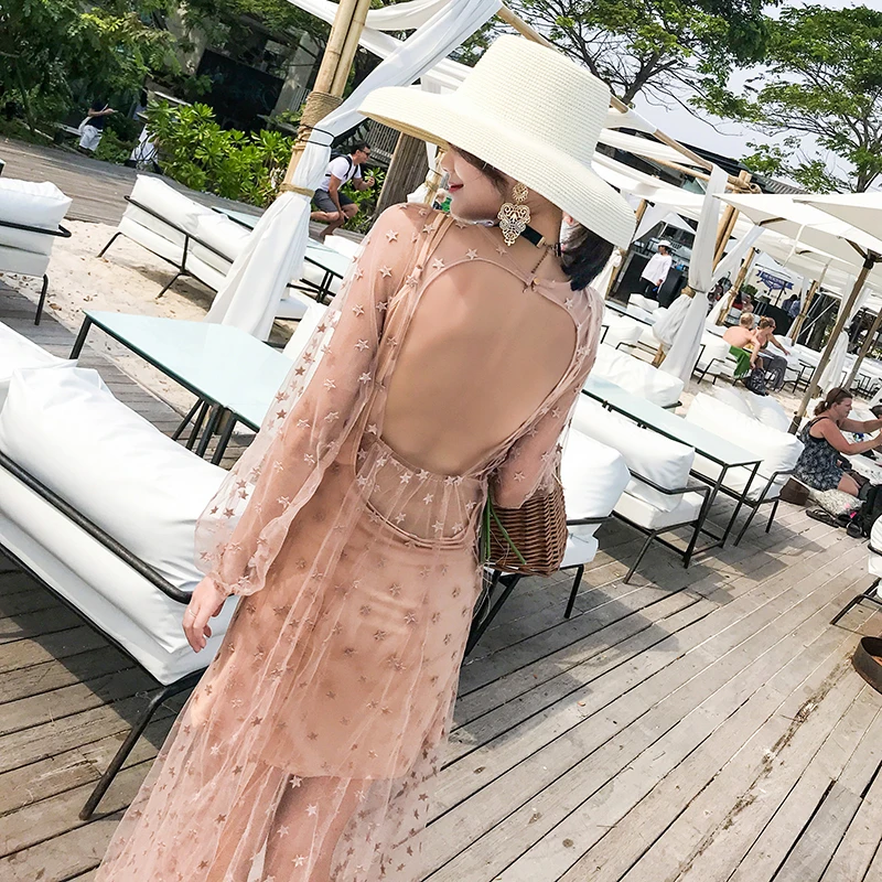 Женское Сетчатое платье средней длины с вышивкой v-образным вырезом длинным