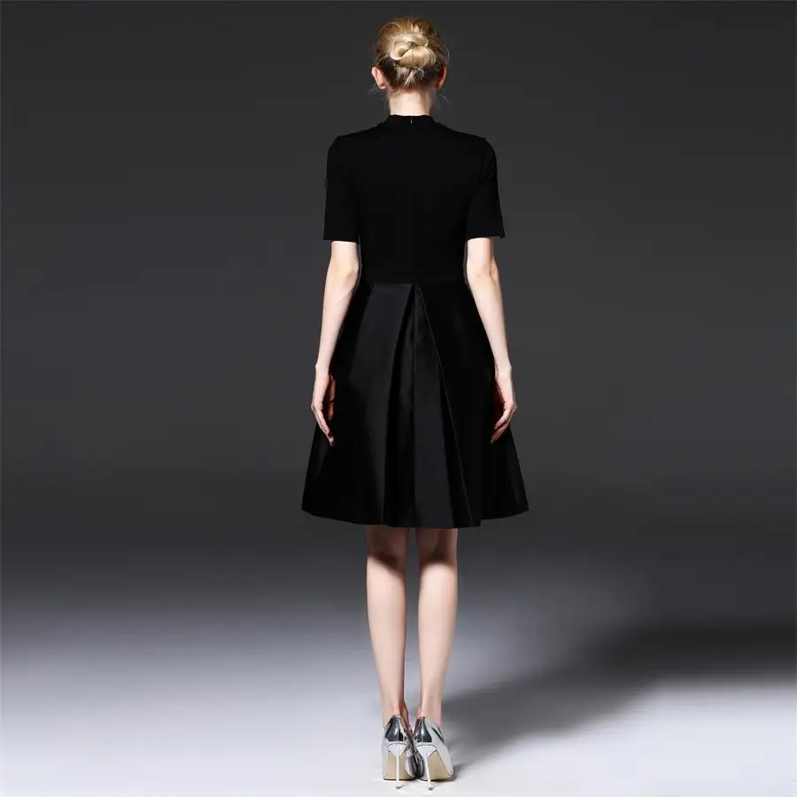 Autumn Style Elegant Party Dress High Quality Brand Women Black Short Sleeve O-neck A-line Slim Runway Dresses | Женская одежда
