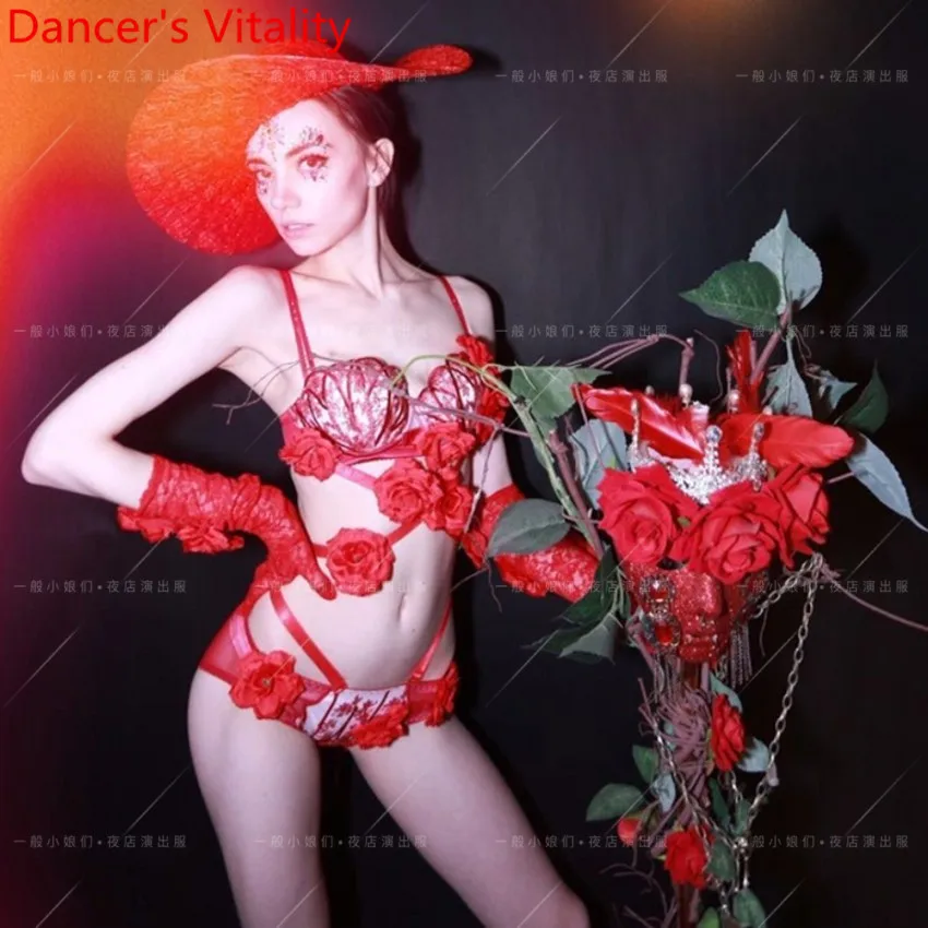 Новый костюм для сцены в ночном клубе кружевная Роза цветы DS певица DJ сексуальная