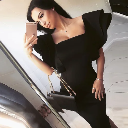 Женское облегающее платье YesexyNew черное с длинным рукавом и оборками в виде