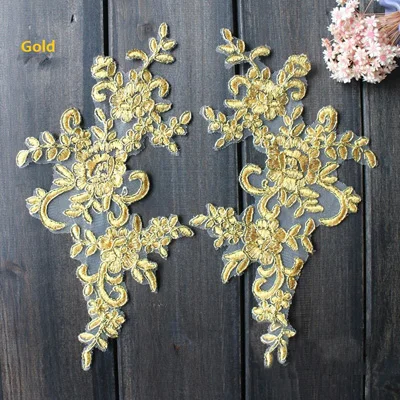 Gold 10 шт 25*12,5 см вышитая кружевная аппликация с кружевной отделкой для DIY свадебного платья много цветов на выбор - Цвет: Gold