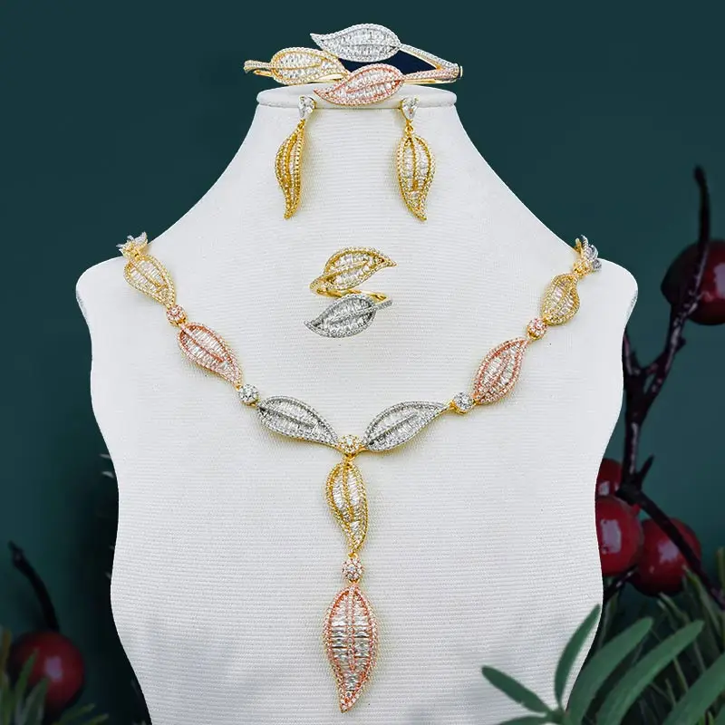 

ModemAngel Super Luxury Leaf 3 Tone Necklace Bangle Earring Ring For Women Full AAA Cubic Zirconia Dress Jewelry Sets