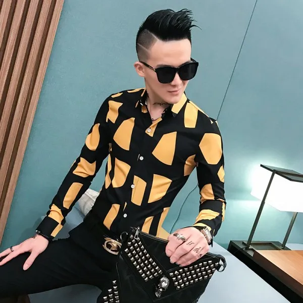 Цвет: желтый Chemise Homme, фирменная Новинка, мужские рубашки с длинным рукавом, с индивидуальным принтом, приталенная рубашка, мужская рубашка, повседневная, для ночного клуба, Social, смокинг, мужской - Цвет: Цвет: желтый