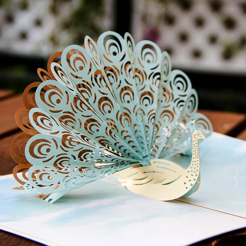 3D Laser Cut Handmade Colorful Cover Flaunting Tail Peacock Paper Greeting Cards PostCard Children Kids Creative Gift |