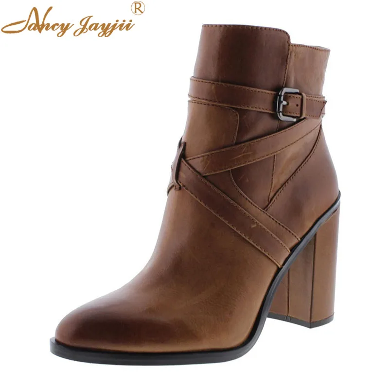 

Female Ankle Boots Brown Lady Adult Shoes Super High Square heels Round Toe Buckle Spring/Autumn Mature Elegant Fashion 2019