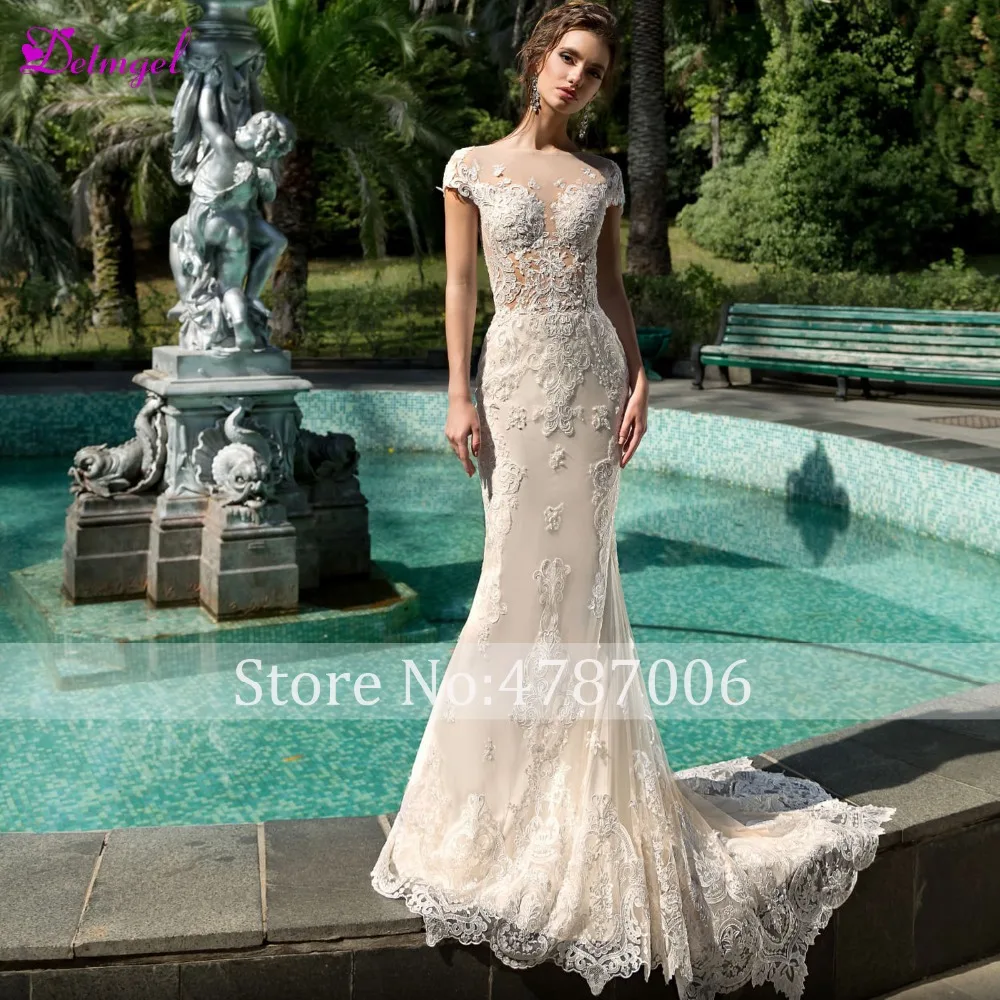 Detmgel Vestido de Noiva свадебное платье с аппликацией и рукавами-крылышками русалочкой 2020