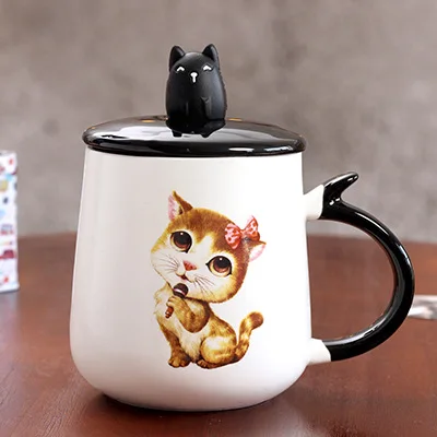 Креативные керамические кофейные кружки с 3D кошачьей крышкой с крышкой и ложкой, чашка для чая, сока, молока, подарок для девочки, керамические кружки в мультяшном стиле - Цвет: with microphone