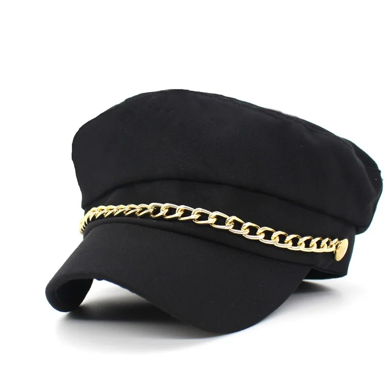 black Ditplable цепь украшения военные шляпы женские плоские модные шляпа бренда Gorra дамские шляпы - Цвет: black