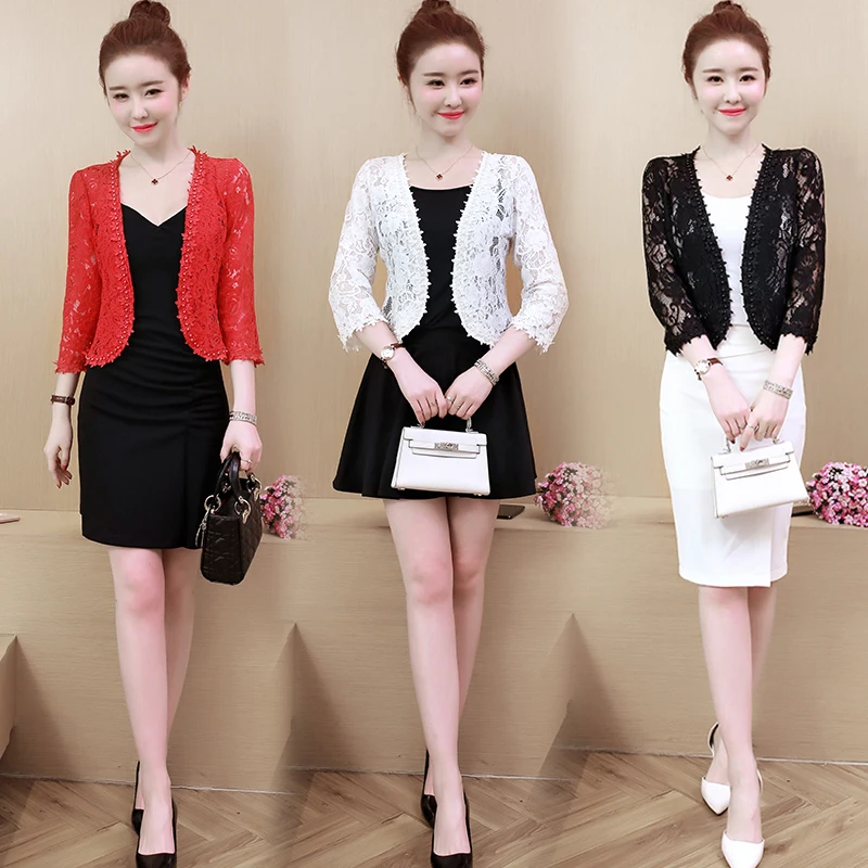 Кружевные шали тонкие женские шорты пальто V шеи цветочные кружева Черный