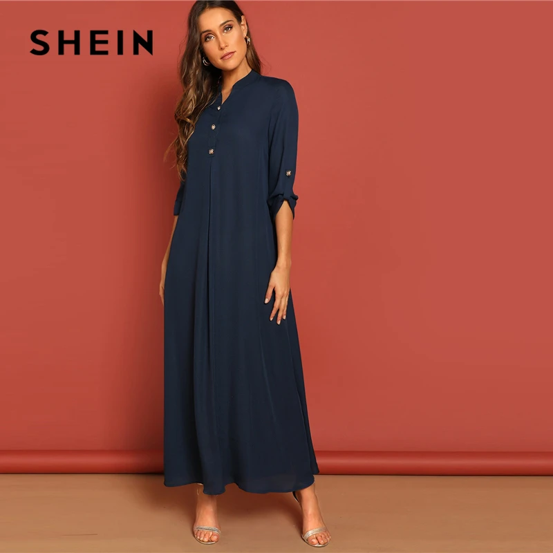 SHEIN Длинное Платье На Пуговицах С Оригинальным Рукавом, Элегантное Офисное Макси Платье С Длинным Рукавом