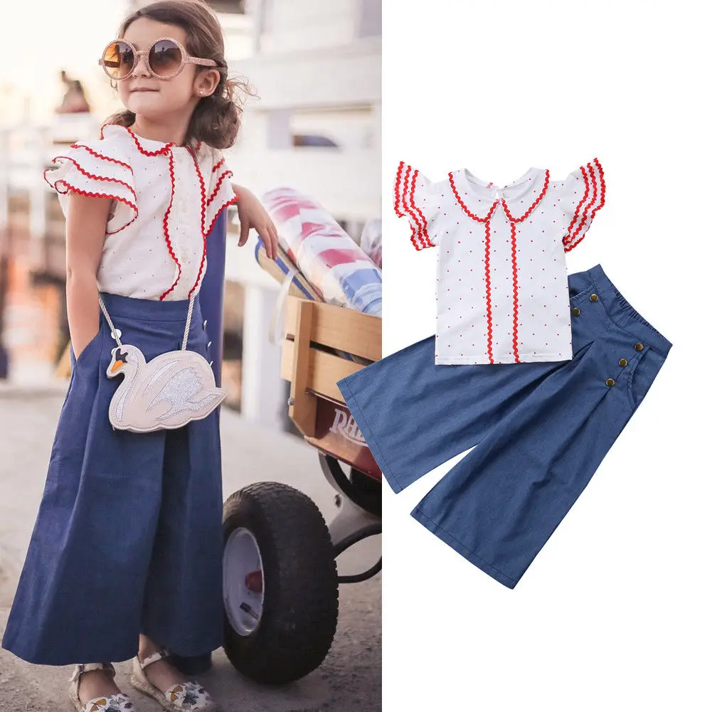 Летняя Одежда для девочек с рукавами-крылышками рюшами футболка Топы джинсовые