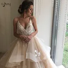 Кружевное свадебное платье цвета шампанского, с открытой спиной и оборками, с цветочным узором, 2018