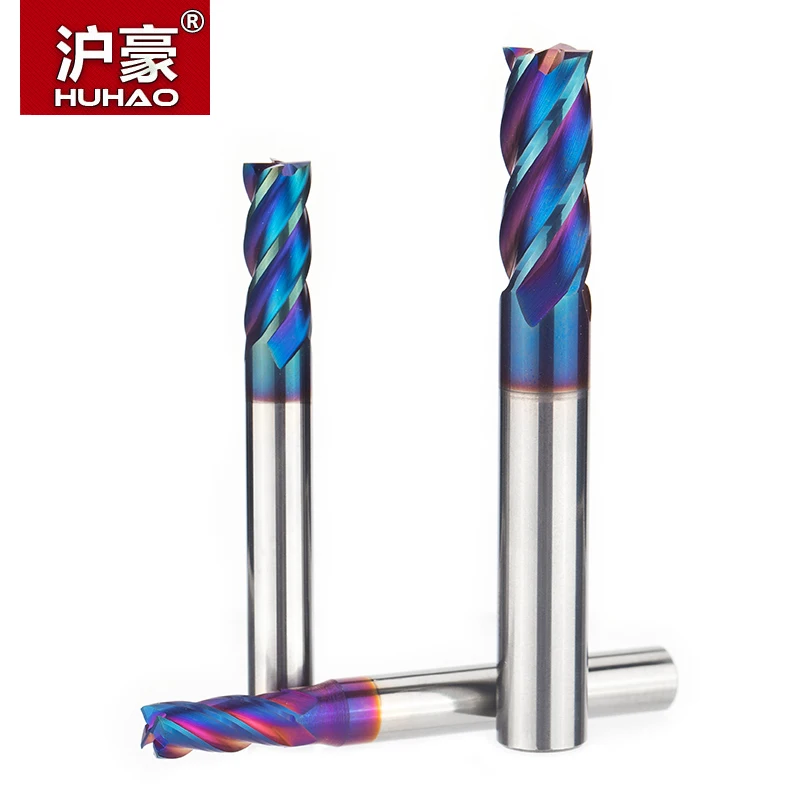 

HUHAO 1pc HRC63 Nano-blue Coating Tungsten Steel Spiral Milling Cutter Alloy Router Bits CNC Tool 4 Flutes End Mill For Metal