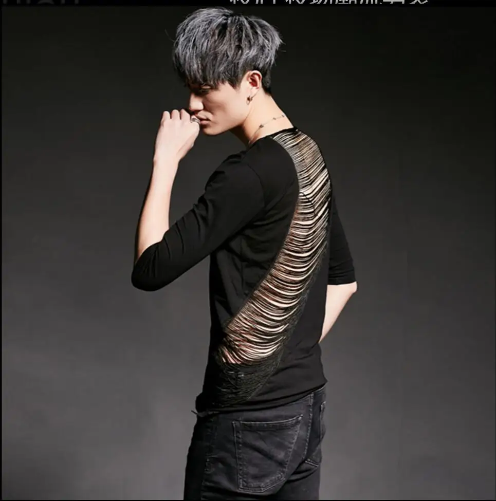 Hot New Fashion Hollow Short-sleeved T-shirt For Men's Tide Hairstylist Personality Nightclub Ds Dj Tops Singer Stage Costumes | Мужская