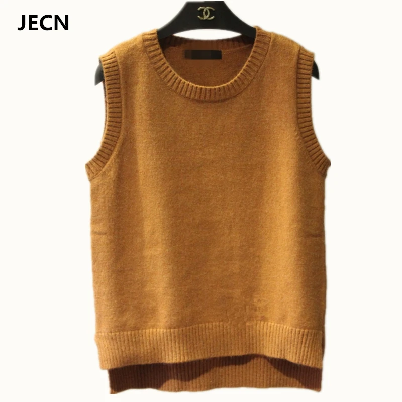 

JECH 2018 Women's Spring Winter Casual Loose Wool Sweater Vests Sleeveless O-Neck Knitted Cashmere Vests Female Jumper tops