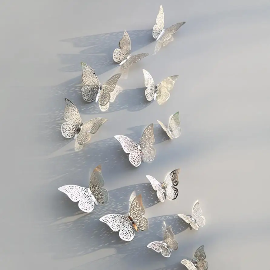 Silver 12 шт. 3D полые наклейки на стену бабочка на холодильник для дома кухня детские комнаты украшения новые аксессуары adesivo де parede# TX - Цвет: Silver