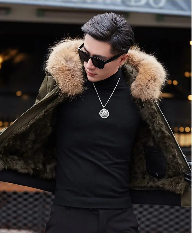 

Real Raccoon Fur collar Men Winter coat Leather Jacket Wool inside chaquetas de cuero genuino para hombre veste cuir biker homme