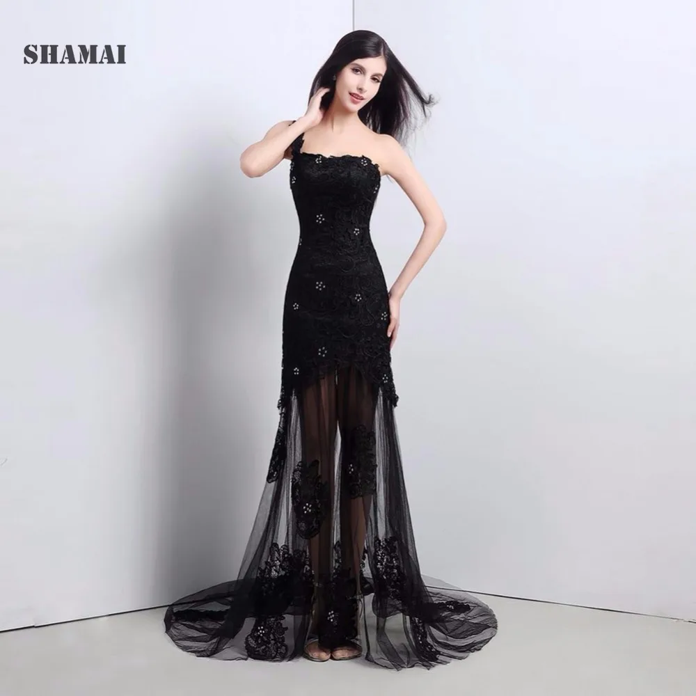 Элегантное романтическое черное платье SHAMAI длинное официальное на одно плечо