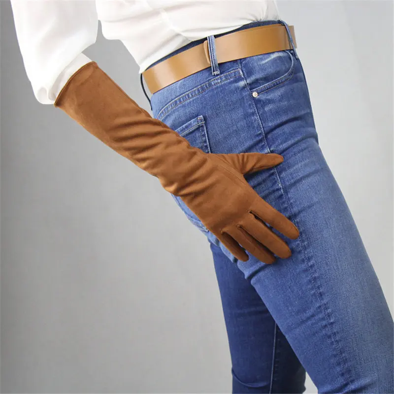Suede brown Женские перчатки средней длины 40 см Яркие Кожаные полиуретановые перчатки из лакированной кожи женские кожаные P40-09 для танцев - Цвет: Suede brown